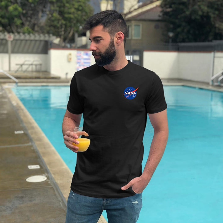 Official Logo NASA I Mini Pocket Logo NASA T Shirts for Men Blue on Black Small